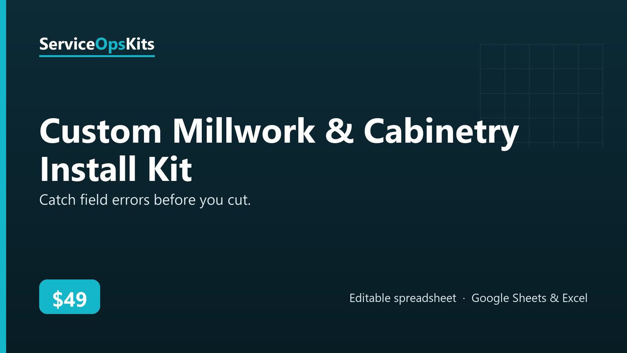 Custom Millwork & Cabinetry Install Kit spreadsheet template